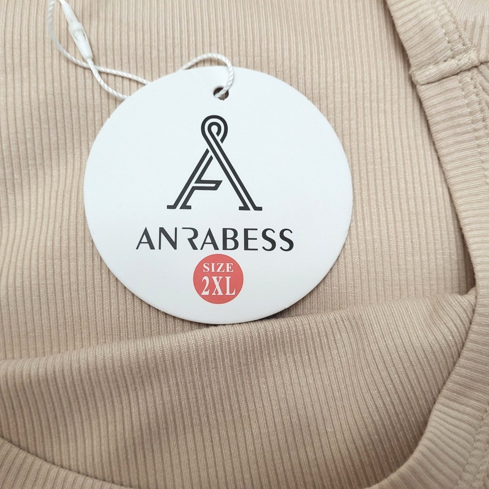 NWT ANRABESS Beige Ribbed Knit Long Sleeve Scoop Neck Slim Fit Basic Tee XXL - Picture 6 of 9